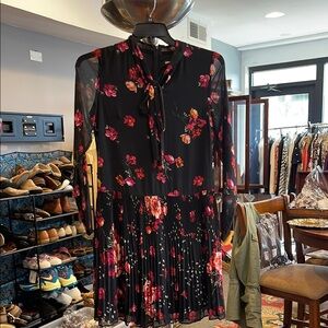 Floral Black Dress by DKNY size 4 midi sheer sleeves